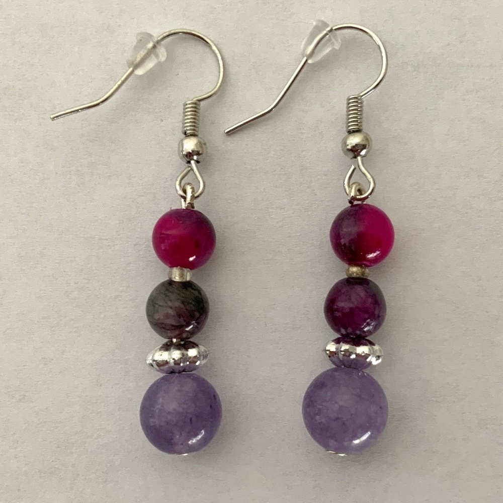 New Handmade Natural Stone Dragon Jade Beads Dangle Earrings Silver Color Hooks